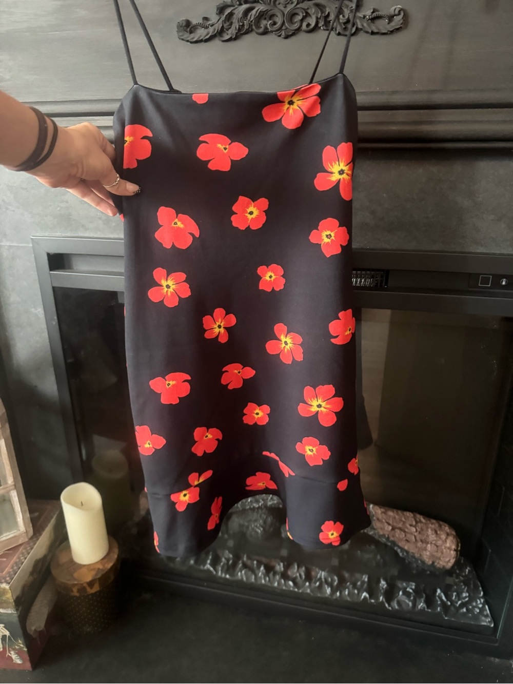 Black Mini Slip Dress with Red Floral Print